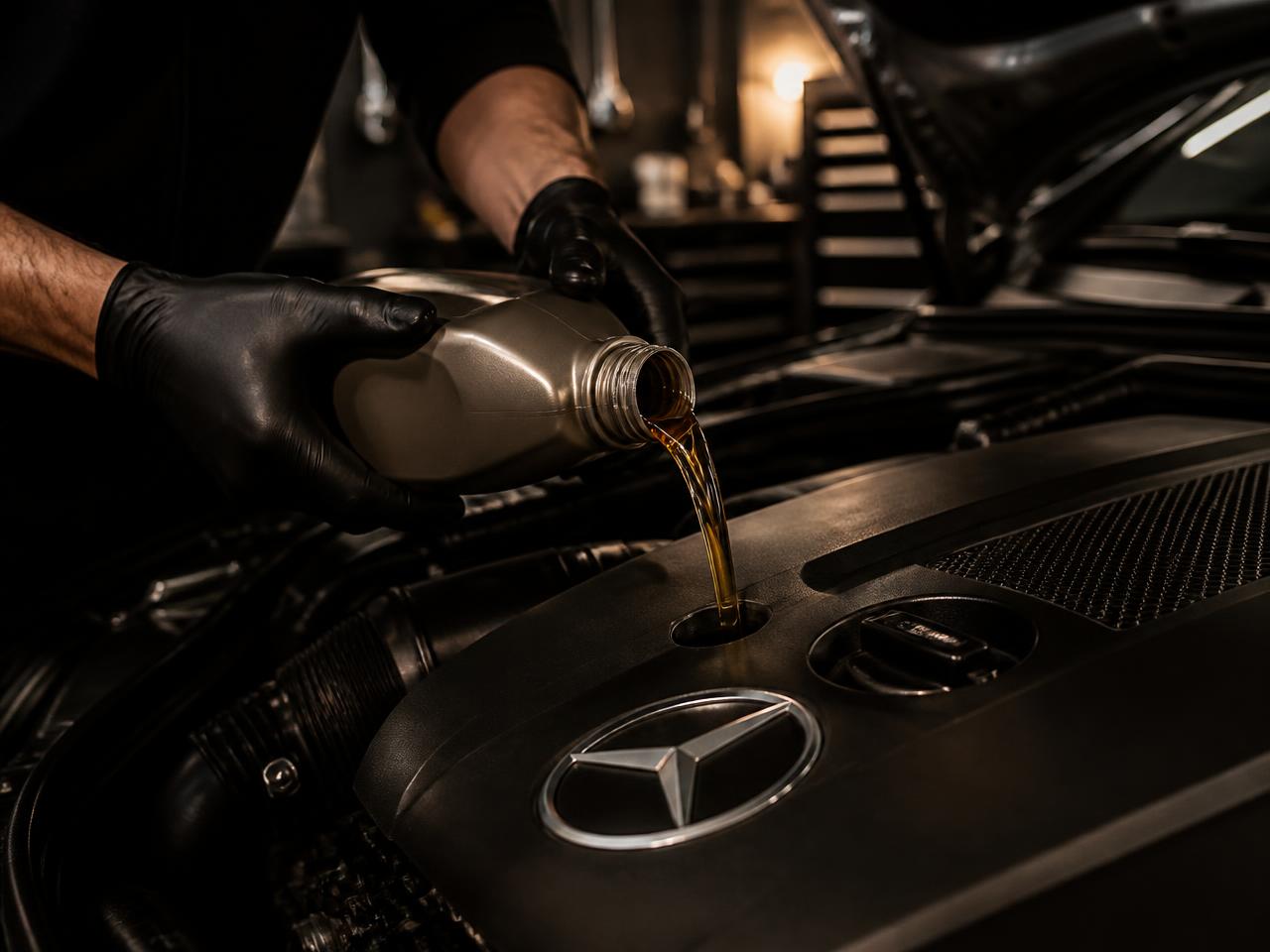 Technician pouring fresh engine oil into a Mercedes-Benz engine