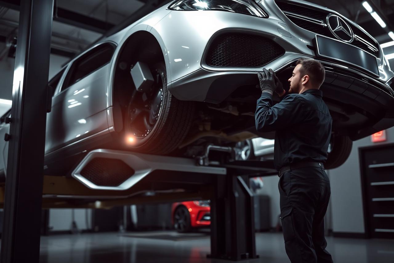 Mercedes-Benz being serviced in the Prestige Motorworks workshop
